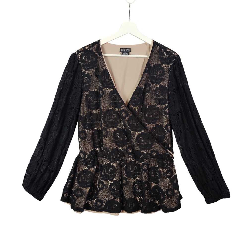 City Chic Women Whimsigoth Coquette Lace Black Rose Long Sleeve 18 Blouse Top